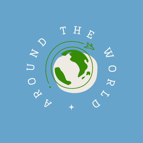 Logo for "Around The World". A globe with an airplane, and blue and green colors